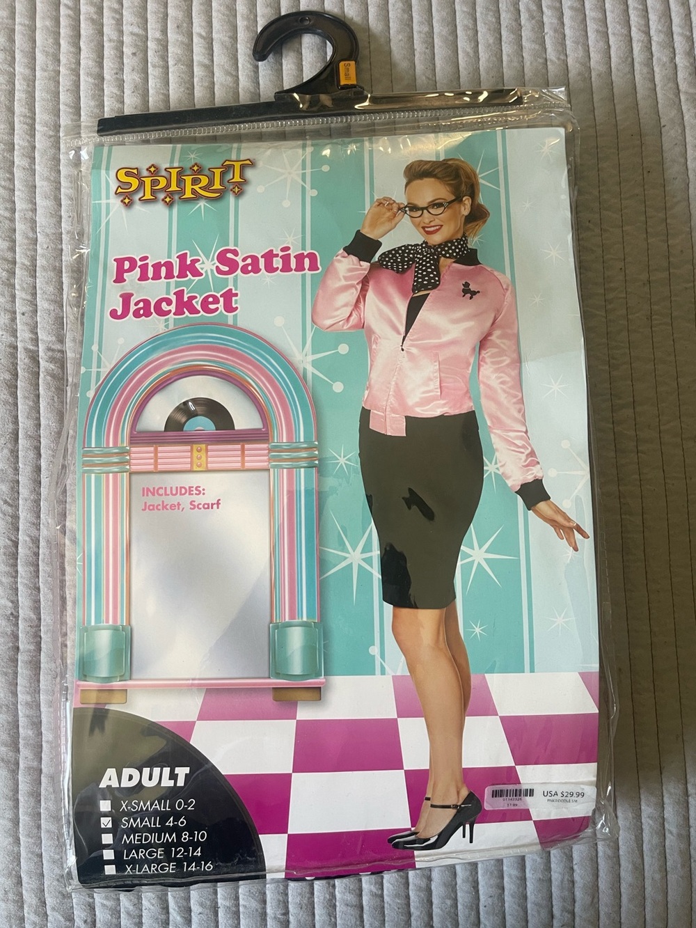 “Pink Ladies” Costume, Satin Jacket with Black Polka Dot Scarf & Glasses Size SM